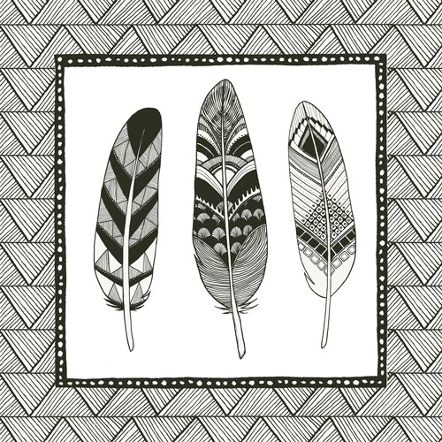 Sara Zieve Miller, Geo Feathers Square IV (Federn, ethnische Muster, Indianerfedern, Rahmen, Bild im Bild, Zeichnung, Grafik, Wunschgröße, Wohnzimmer, Treppenhaus, schwarz/weiß)