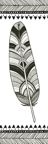 Sara Zieve Miller, Geo Feathers Panel I (Feder, ethnische Muster, Indianerfeder, Rahmen,  Zeichnung, Grafik, Wunschgröße, Wohnzimmer, Treppenhaus, schwarz/weiß)