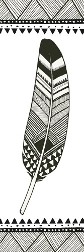 Sara Zieve Miller, Geo Feathers Panel II (Feder, ethnische Muster, Indianerfeder, Rahmen,  Zeichnung, Grafik, Wunschgröße, Wohnzimmer, Treppenhaus, schwarz/weiß)