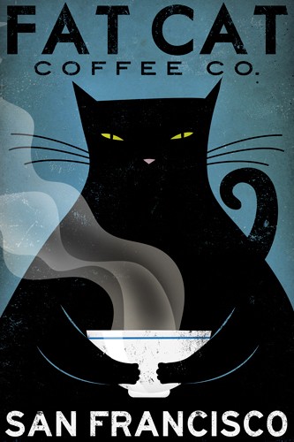 Ryan Fowler, Cat Coffee (Wunschgröße, Plakatkunst, Retro, Nostalgie, schwarze Katze, Kaffee, Dampf, Werbung, Bistro, Café, Gastronomie, Küche, Esszimmer, blau-schwarz)