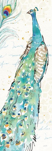 Anne Tavoletti, Peacock Garden III (Pfau, Pfauenfedern, Pfauenauge, Vogel, Hühnervogel, Aquarell, zart, filigran, Wunschgröße, Treppenhaus, Wohnzimmer, Schlafzimmer, weiß/blau)
