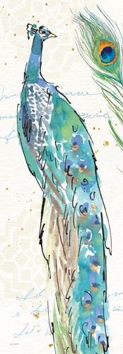 Anne Tavoletti, Peacock Garden III (Pfau, Pfauenfedern, Pfauenauge, Vogel, Hühnervogel, Aquarell, zart, filigran, Wunschgröße, Treppenhaus, Wohnzimmer, Schlafzimmer, weiß/blau)