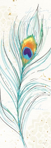 Anne Tavoletti, Peacock Garden III (Pfau, Pfauenfeder,Pfauenauge,  Aquarell, zart, filigran, Wunschgröße, Treppenhaus, Wohnzimmer, Schlafzimmer, weiß/blau)
