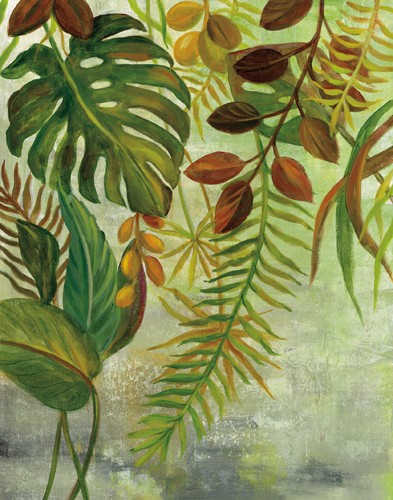 Silvia Vassileva, Tropical Greenery I (Blätter, Urwald, Tropen, üppig, Treppenhaus, Wohnzimmer, Wintergarten, malerei, Wunschgröße, grün)
