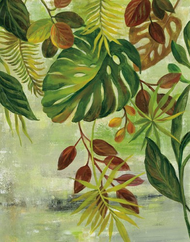 Silvia Vassileva, Tropical Greenery II (Blätter, Urwald, Tropen, üppig, Treppenhaus, Wohnzimmer, Wintergarten, malerei, Wunschgröße, grün)