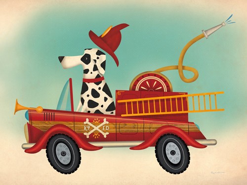 Ryan Fowler, Fire Department (Hund, Dalmatiner, Comic, Kinderwelten, Feuerwehrwagen, komisch, witzig, lustig,  Treppenhaus, Kinderzimmer, Wunschgröße,  bunt)