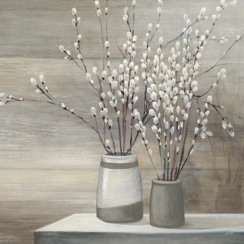 Julia Purinton, Pussy Willow Still Life with Grey Pots C (Stillleben, Vasen, Weidenkätzchen, Zweige, Frühlingsboten, Malerei, Esszimmer Treppenhaus, Wunschgröße, grau/braun)