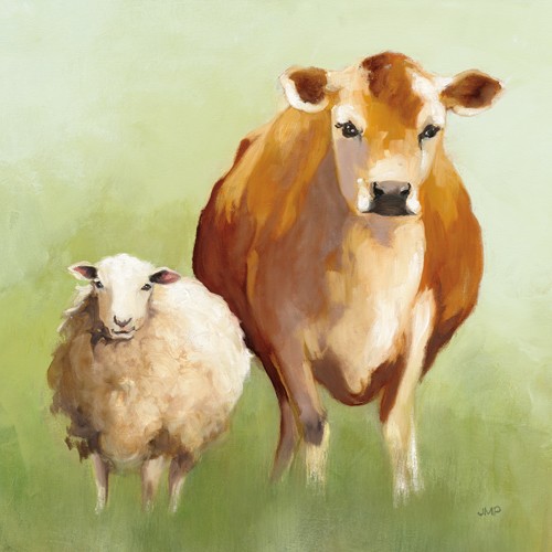 Julia Purinton, BFF II Crop (Kuh, Schaf, Tiere, Nutztiere, Tierportraits, Treppenhaus, Wohnzimmer, Wunschgröße, Malerei, bunt)