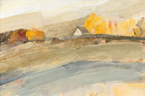 Albena Hristova, Coming Home neutral (Landschaft, Felder, Haus, Einsamkeit, Herbst, Zuhause, abstrahiert, modern, Wunschgröße, Aquarell, Wohnzimmer, Treppenhaus, bunt)