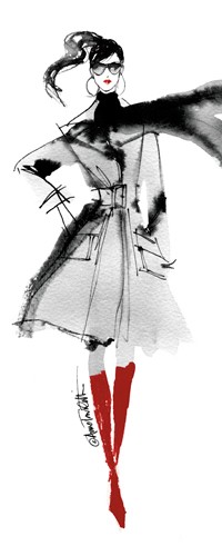 Anne Tavoletti, Modern Fashion I Red Crop (Frau, Model, Fashion, Mode, rote Overknees, Mantel, Eleganz, Zeichnung, Aquarell, Treppenhaus, Schneiderei, Wunschgröße, schwarz/weiß/rot)