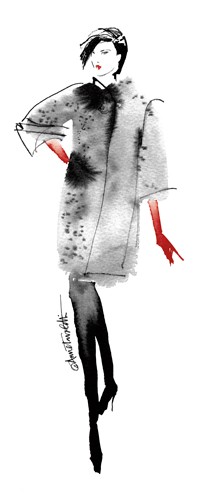Anne Tavoletti, Modern Fashion II Red Crop (Frau, Model, Fashion, Mode, rote Handschuhe, Mantel, Eleganz, Zeichnung, Aquarell, Treppenhaus, Schneiderei, Wunschgröße, schwarz/weiß/rot)