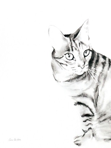 Aimee del Valle, Sadie (Katze, Tierportrait, getigert, Haustier, Aquarell, Malerei, Wunschgröße, Treppenhaus, Wohnzimmer, Jugendzimmer, schwarz/weiß)