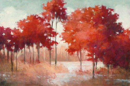 Julia Purinton, Autumn Lake (Landschaft, Landschaftsmalerei, Bäume, Ahorn, See, Herbst, Jahreszeit, Wunschgröße, Wohnzimmer, rostrot)