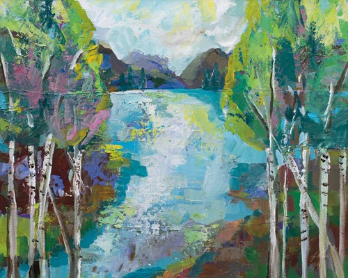 Jeanette Vertentes, Birch Pond (Landschaft, Landschaftsmalerei, Birken, Bäume, Fluss, Berge,  modern, Wohnzimmer, Wunschgröße,)