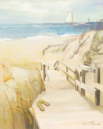 Marilyn Hageman, Coastal Escape (Wunschgröße, Modern, Malerei, Landschaften, Dünen, Meer, Strand, Meeresbrise, Segelboot, Steg, Urlaub, Wellness, Badezimmer, bunt)