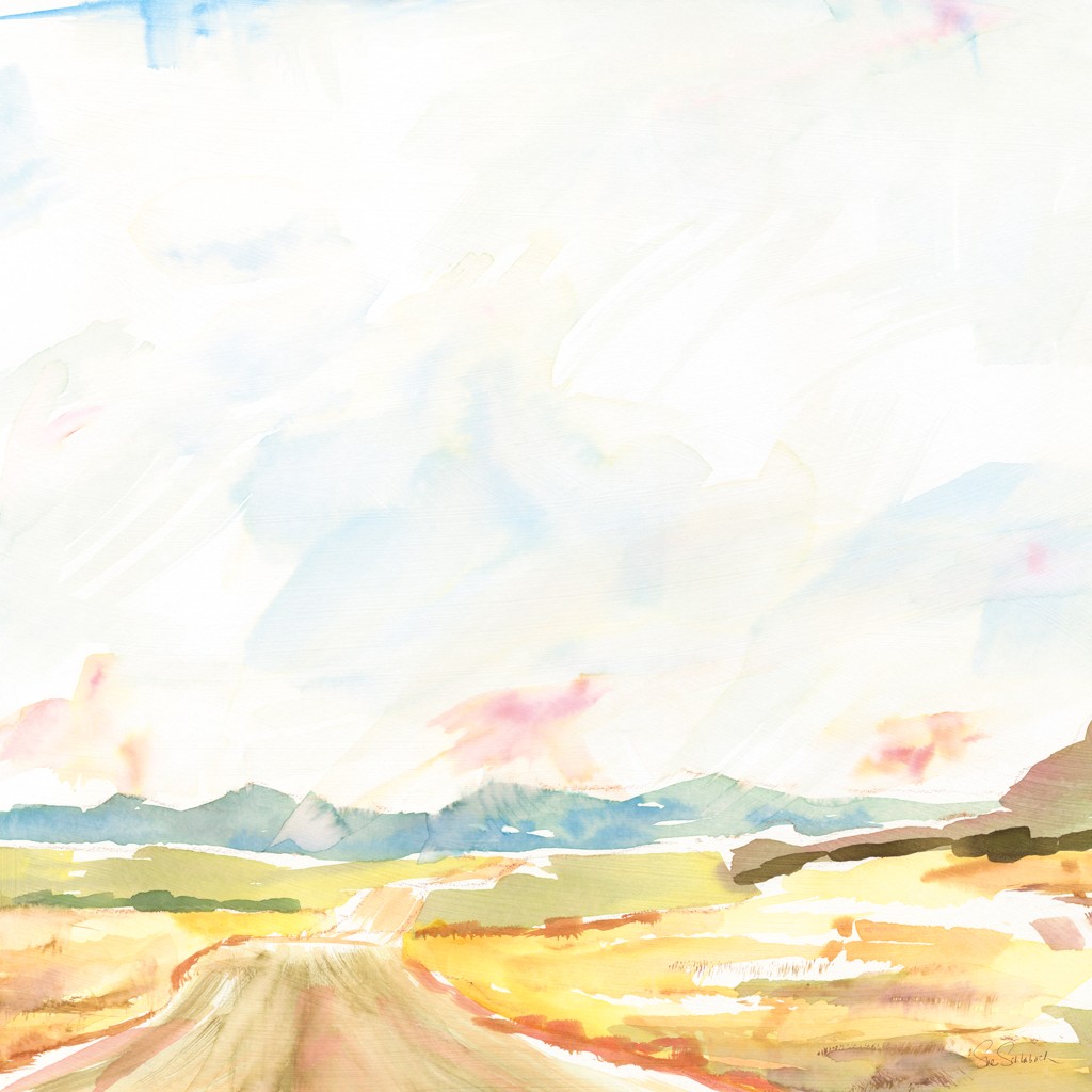 Sue Schlabach, Road to Bountifil Square (Landschaft, landschaftsmalerei, Panorama, Hügel, Berge, Straße, Aquarell, Malerei, Wunschgröße, Wohnzimmer)