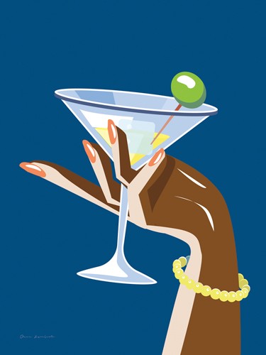 Omar Escalante, Cocktail Time I (Getränk, Drink, Cocktail, Olive, Hand, plakativ, Grafic design, zeitgenössisch, Nostalgie, Küche, Bar, Bistro, Gastronomie, Wunschgröße, bunt)