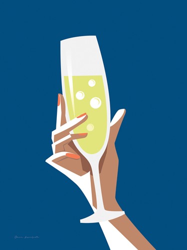 Omar Escalante, Cocktail Time II (Getränk, Drink, Sekt, Champagner, Hand, plakativ, Grafic design, zeitgenössisch, Nostalgie, Küche, Bar, Bistro, Gastronomie, Wunschgröße, bunt)