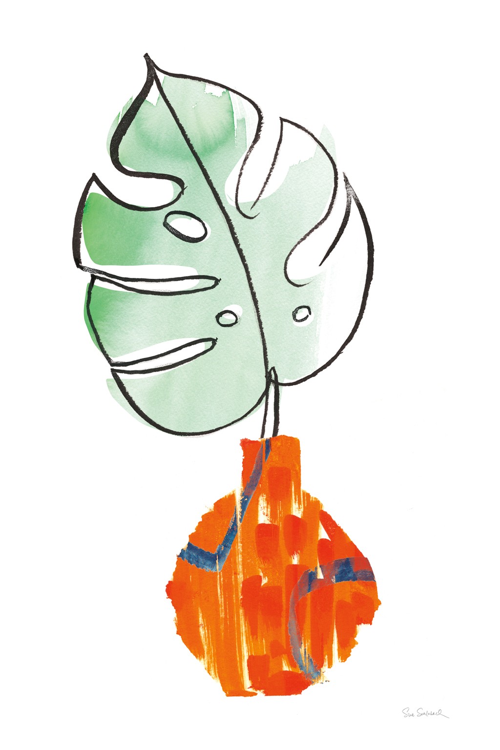 Sue Schlabach, Vase Phase I (Stillleben, Vase, Blatt, Monstera-Blatt, modern, flach, reduziert, Umrisse, Wunschgröße, Esszimmer, Treppenhaus)