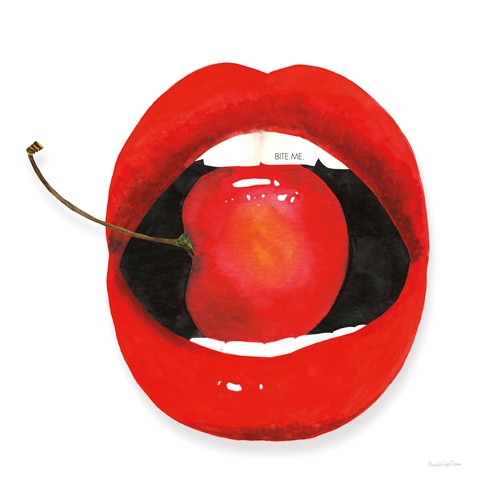 Mercedes Lopez Charro, Hot Lips I (Mund, Lippen, Zähne, Kirsche, Erotik, Lippenstift, Popart, Wunschgröße, Wohnzimmer, Grafik, rot/weiß)