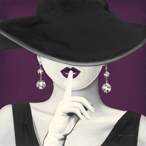 Marco Fabiano, Haute Chapeau Purple I V2 (halb-Portrait, Frau, Hut, Eleganz, Lippenstift, Ohringe, Grafik design, Treppenhaus, Wohnzimmer, Wunschgröße, modern, schwarz/weiß)