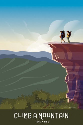 Omar Escalante, Climb a Mountain (Landschaft, Berg, Trekking, Wandern, Urlaub, Plakat, plakativ, Grafic design, zeitgenössich, Nostalgie, Wohnzimmer, Treppenhaus, Wunschgröße, bunt)