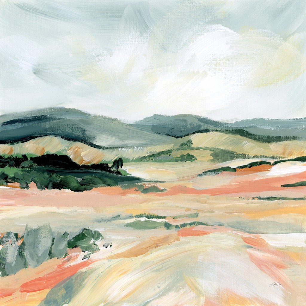 Sue Schlabach, Vermillion Landscape I (Landschaft, landschaftsmalerei, Panorama, Hügel, Berge,   Aquarell, Malerei, Wunschgröße, Wohnzimmer)