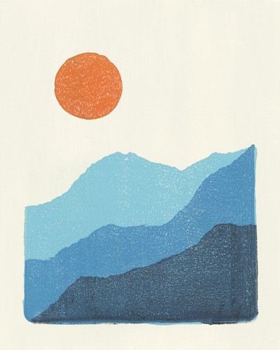 Moira Hershey, Rise (Abstrakt, Abstrakte Kunst, Landschaft, Berge, Sonne Scheibe, modern, abstrahiert, Grafik,  Wunschgröße, Wohnzimmer, Treppenhaus, bunt)