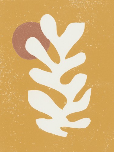 Moira Hershey, Matisse Homage I (Abstrakt, Abstrakte Kunst, florales Motiv, Blatt, Sonne Scheibe, Grafik, Adaption, Wunschgröße, Wohnzimmer, Treppenhaus, gelb)