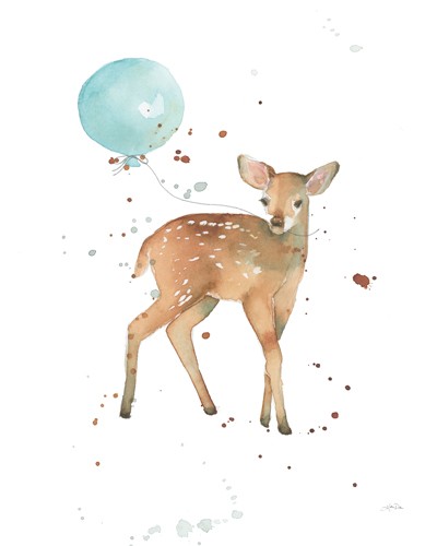 Katrina Pete, Festive Fawn (Reh, Rehkitz, Kitz, Bambi, Tier, Tierportrait, niedlich, Aquarell, Malerei, Wunschgröße, Kinderzimmer, bunt)