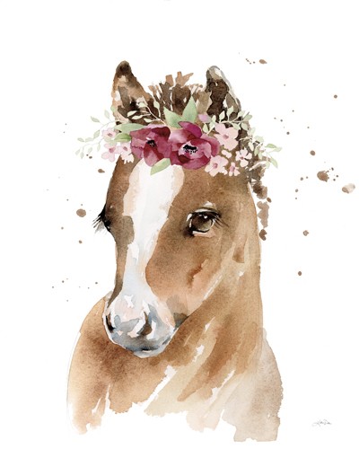 Katrina Pete, Floral Pony (Pferd, Fohlen, Blumenkranz, Tier, Tierportrait, niedlich, Aquarell, Malerei, Wunschgröße, Kinderzimmer, bunt)