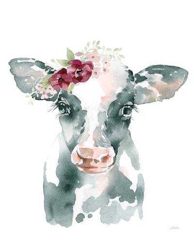 Katrina Pete, Floral Cow (Kuh, Kalb, Blumenkranz, Tier, Tierportrait, niedlich, Aquarell, Malerei, Wunschgröße, Kinderzimmer, bunt)