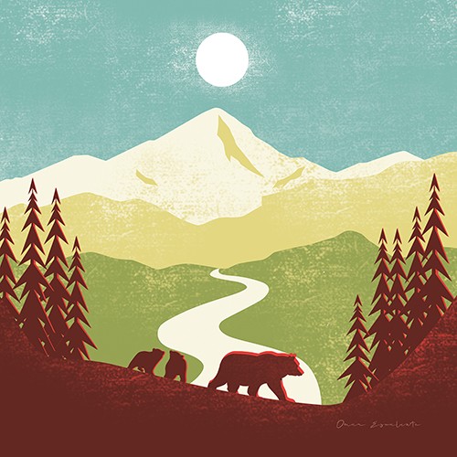 Omar Escalante, Great Outdoors I (Landschaft, Berg, Silhouetten, Bären, Bärenmutter, Bärenkinder, plakativ, Grafic design, zeitgenössich, Nostalgie, Wohnzimmer, Treppenhaus, Wunschgröße, bunt)