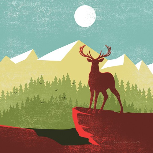 Omar Escalante, Great Outdoors III (Landschaft, Berg, Silhouette, Hirsch, Geweih, majestätisch, plakativ, Grafic design, zeitgenössich, Nostalgie, Wohnzimmer, Treppenhaus, Wunschgröße, bunt)