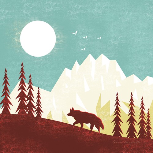 Omar Escalante, Great Outdoors IV (Landschaft, Berge, Silhouette, Wolf, Raubtier, einsam, plakativ, Grafic design, zeitgenössich, Nostalgie, Wohnzimmer, Treppenhaus, Wunschgröße, bunt)