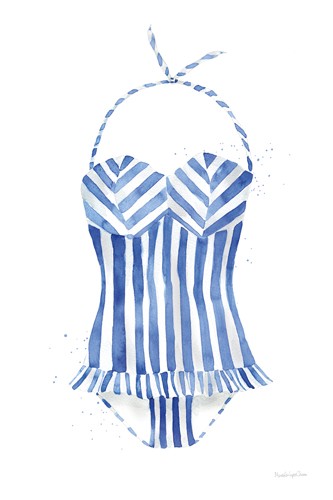 Mercedes Lopez Charro, Vintage Swimwear I (Badeanzug, Schwimmanzug, Rüsche, Streifen, vintage, Retro, Bekleidung, Nostalgie, Badezimmer, Wunschgröße, blau/weiß)