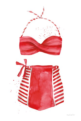 Mercedes Lopez Charro, Vintage Swimwear II (Bikini, Schwimmen, Rüsche, Streifen, vintage, Retro, Bekleidung, Nostalgie, Badezimmer, Wunschgröße, rot/weiß)
