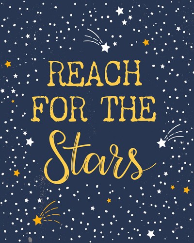 Karyn Panganiban, Reach out for the Stars (Sterne, Himmel, Inspiration, Motivation, Typologie, Schriftzug, Spruch, Wunschgröße, Schlafzimmer, Junggendzimmer, blau/weiß/gold)