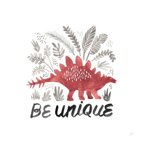 Karyn Panganiban, Dino Inspiration III (Dinosaurier, Urtiere, Stegosaurus, Blätter, Zweige, einzigartig, Inspiration, Motivation, Kalligrafie, Schriftzug, Spruch, Wunschgröße, Treppenhaus, Grafik, Kinderzimmer)