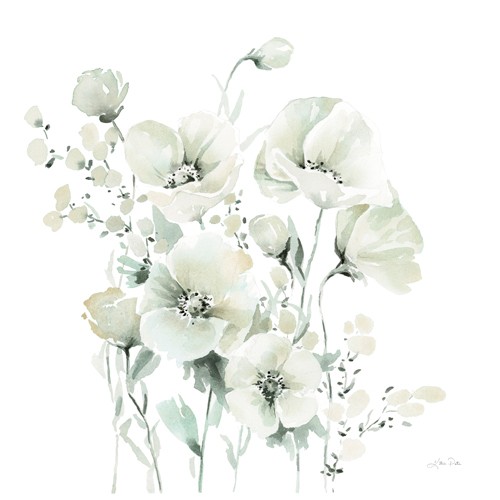 Katrina Pete, Garden Bouquet II (Blumen, Blüten, Gartenblumen, Mohnblumen, Aquarell, Malerei, Wunschgröße, Treppenhaus, Schlafzimmer, weiß/grau)
