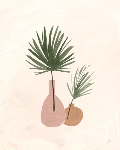 Karyn Panganiban, Palm Vessels II (Stillleben, Vasen, Palmblätter, modern, reduziert, flach, Wunschgröße, Treppenhaus, Esszimmer,)