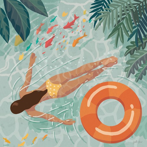 Janelle Penner, Beach Babes IV (See, Teich, Fische, Frau, Schwimmerin, Bikini, Schwimmring, Urlaub,   Aufsicht, Vogelperspektive, modern, Wohnzimmer, Wunschgröße)