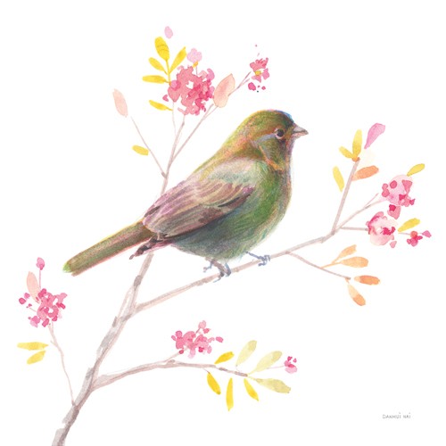 Danhui Nai, Flight Friends I (Vogel, Ast, Blütenast, zart, fragil, filigran, Wunschgröße, Malerei, Wohnzimmer, Treppenhaus, pastell - bunt)