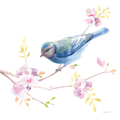 Danhui Nai, Flight Friends IV (Vogel, Ast, Blütenast, zart, fragil, filigran, Wunschgröße, Malerei, Wohnzimmer, Treppenhaus, pastell - bunt)
