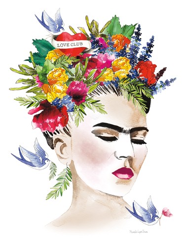 Mercedes Lopez Charro, She is Frida (Portrtait, Künstlerin, Frida Carlo, Schwalben, Vögel, Blumen, Blumenschmuck, Haarschmuck, Wunschgröße, Wohnzimmer, Malerei,)