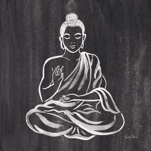 Farida Zaman, Buddhy Gray (Buddha, sitzender Buddha, spirituell, Religion, Inspiration, Wunschgröße, Schlafzimmer, Treppenhaus, grau/weiß)