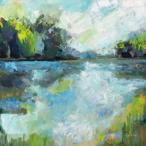 Jeanette Vertentes, Calm Waters (Landschaft, Landschaftsmalerei, See, Ruhe, Stille, Spiegelungen, Bäume, impressionistisch, modern, Wohnzimmer, Wunschgröße,)