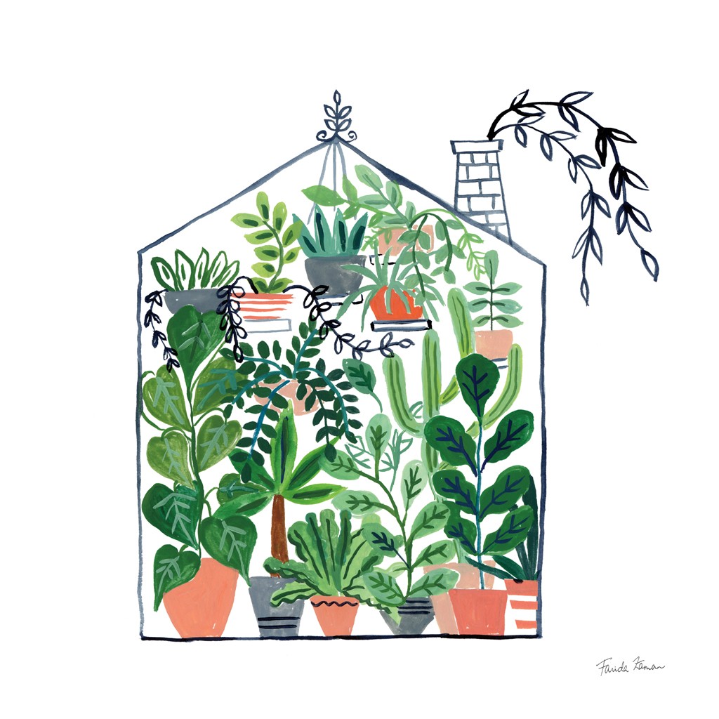 Farida Zaman, Greenhouse II (Pflanzen, Topfpflanzen, Gewächshaus, Botanik, Blumentöpfe, modern, Wunschgröße, Malerei, Treppenhaus,)