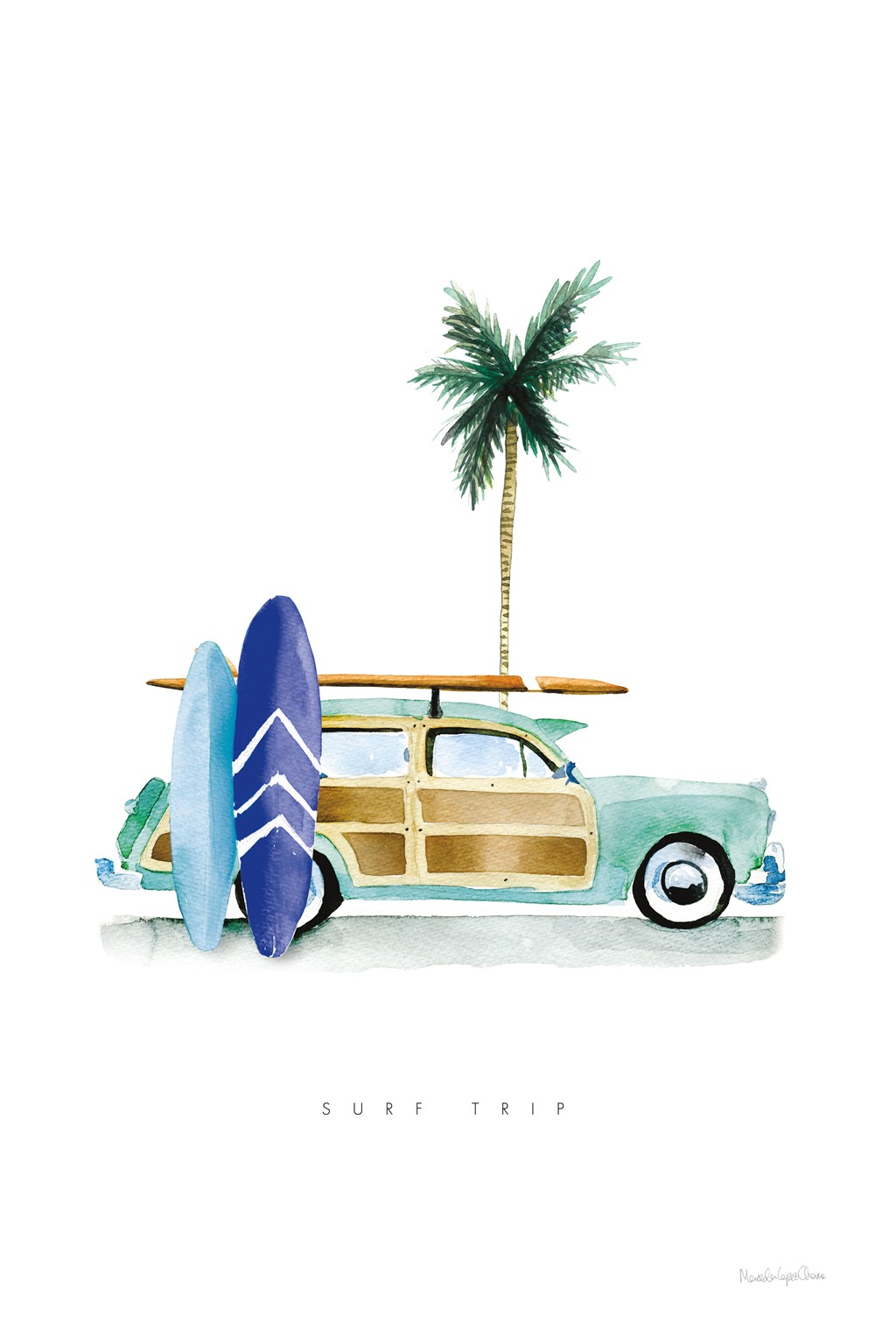 Mercedes Lopez Charro, Surf Days I (Auto, Palme, Urlaub, Surfbretter, Unterwegs, Reise, Aquarell, Wunschgröße, Wohnzimmer, Jugendzimmer)