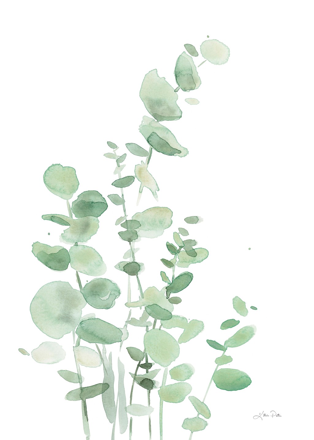 Katrina Pete, Eucalyptus I (Blätter, Zweige, Pflanze, Eukalyptus, Aquarell, Malerei, Wunschgröße, Treppenhaus, pastell-grün)